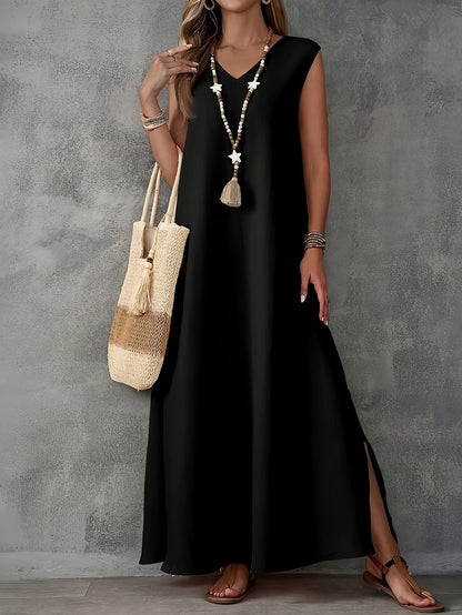 Women’s Maxi Dress – Cotton Blend – Flowing Fit – V-Neck – Sleeveless – Side Slits