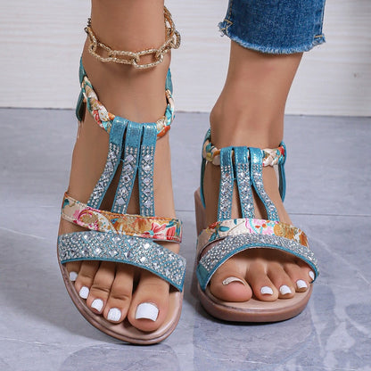 Women’s Wedge Sandals – Medium Heel – Rhinestone T-Strap – Braided Ankle Strap