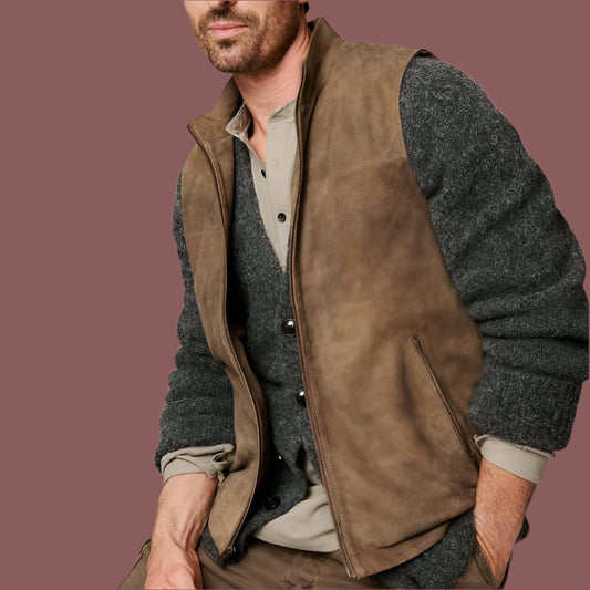 Men’s Vest – Suede-Like Texture – Zip Front – Stand Collar – Relaxed Structured Fit