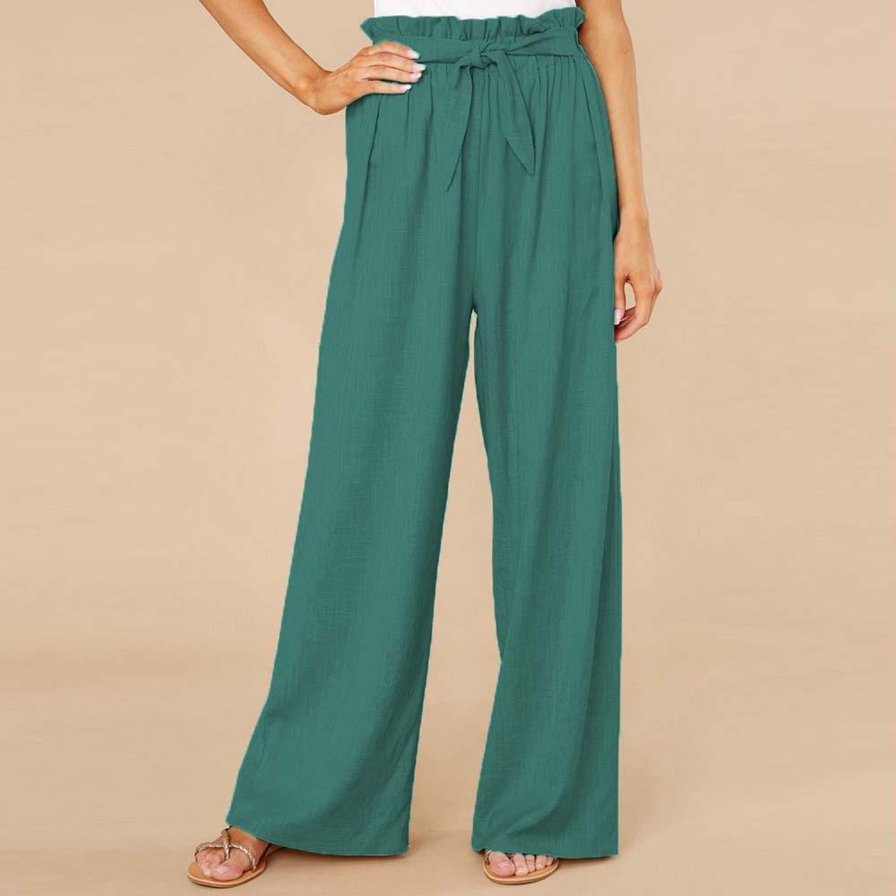 Women’s Wide-Leg Trousers – Cotton Linen Blend – High Waist – Elastic Waist with Tie Belt