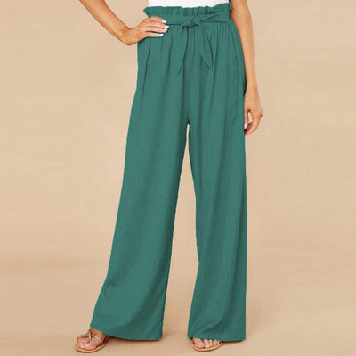 Women’s Wide-Leg Trousers – Cotton Linen Blend – High Waist – Elastic Waist with Tie Belt