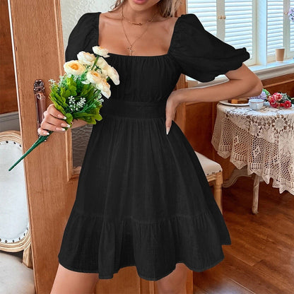 Women’s Mini Dress – Cotton Blend – Square Neck – Puff Sleeve – Flared Skirt