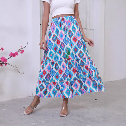 Women’s Maxi Skirt – Tiered Boho Style – Fringe Waist – Flowing Fit – Cotton
