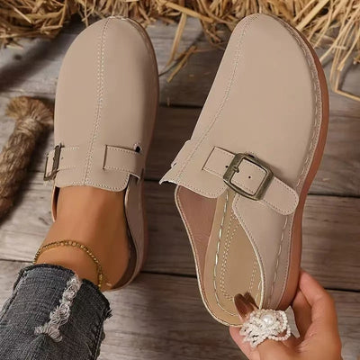 Women’s Wedge Mule Sandals – Closed Toe – Faux Leather – Buckle Detail – Cushioned Sole
