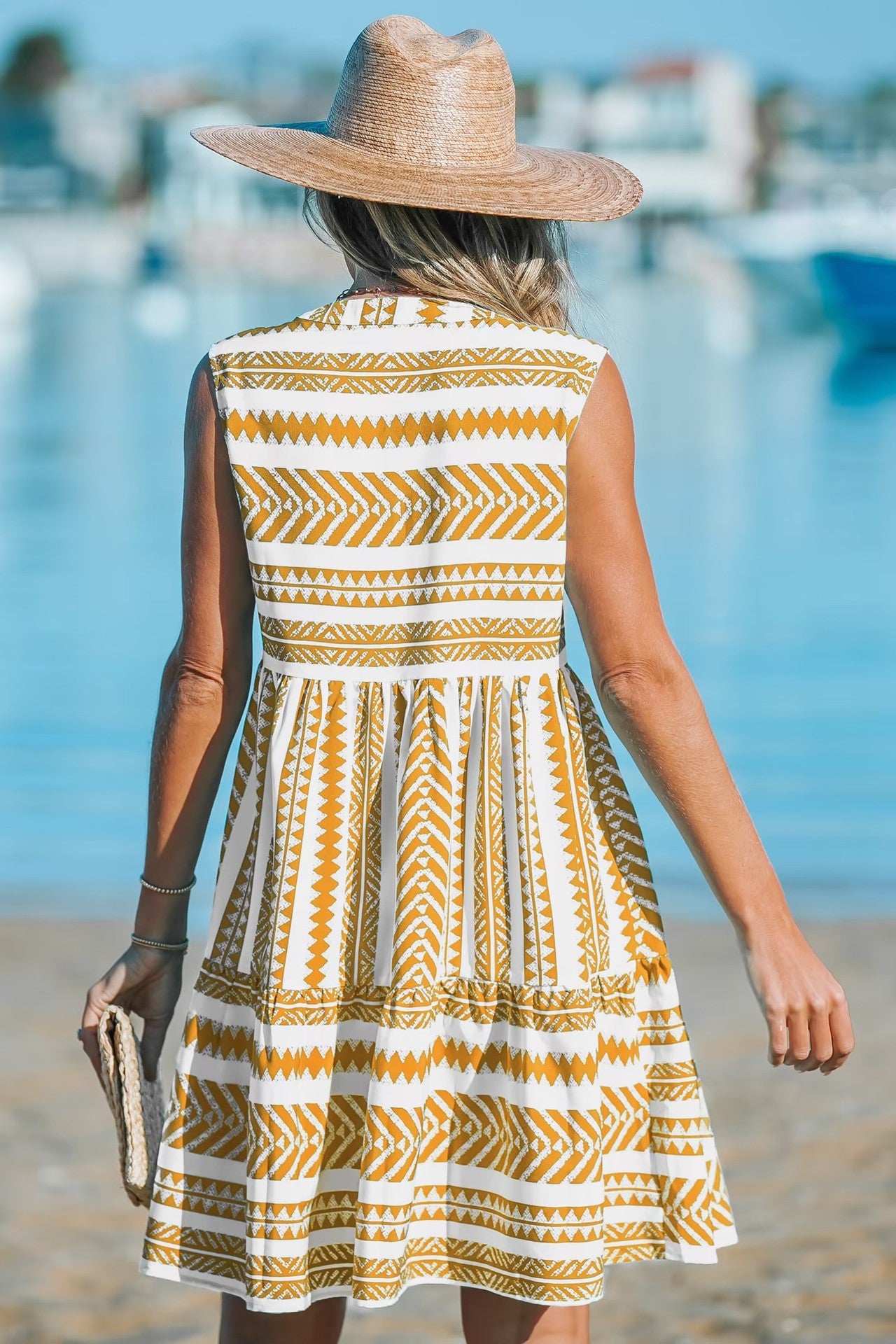Women’s Sleeveless Boho Dress – Striped Fit & Flare – V-Neck - Knee Length – Casual Beachwear