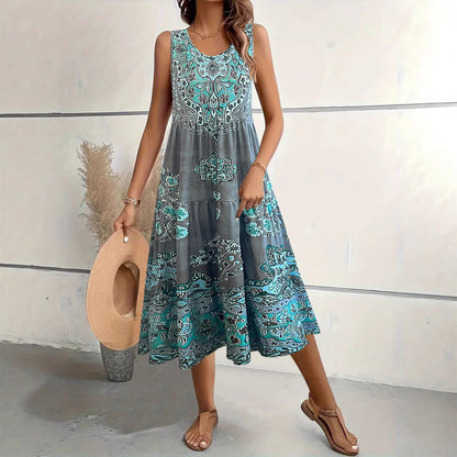 Women’s Midi Dress – A-Line Fit – Sleeveless – U-Neck – Floral Print – Cotton Blend