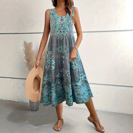 Women’s Midi Dress – A-Line Fit – Sleeveless – U-Neck – Floral Print – Cotton Blend