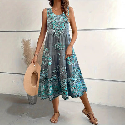 Women’s Midi Dress – A-Line Fit – Sleeveless – U-Neck – Floral Print – Cotton Blend