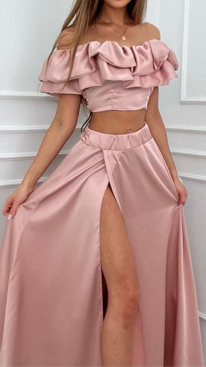 Women’s Two-Piece Set – Off-Shoulder Ruffle Crop Top – High-Waist Slit Maxi Skirt