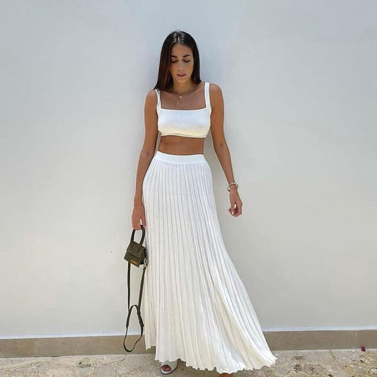 Women’s Knit Tank Top Set – Slim Fit Crop Top – Square Neck – Pleated Maxi Skirt