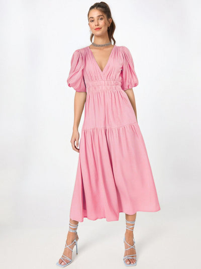 Women’s Midi Dress – Lightweight Fabric – Deep V-Neck – Puff Sleeves – Tiered Skirt