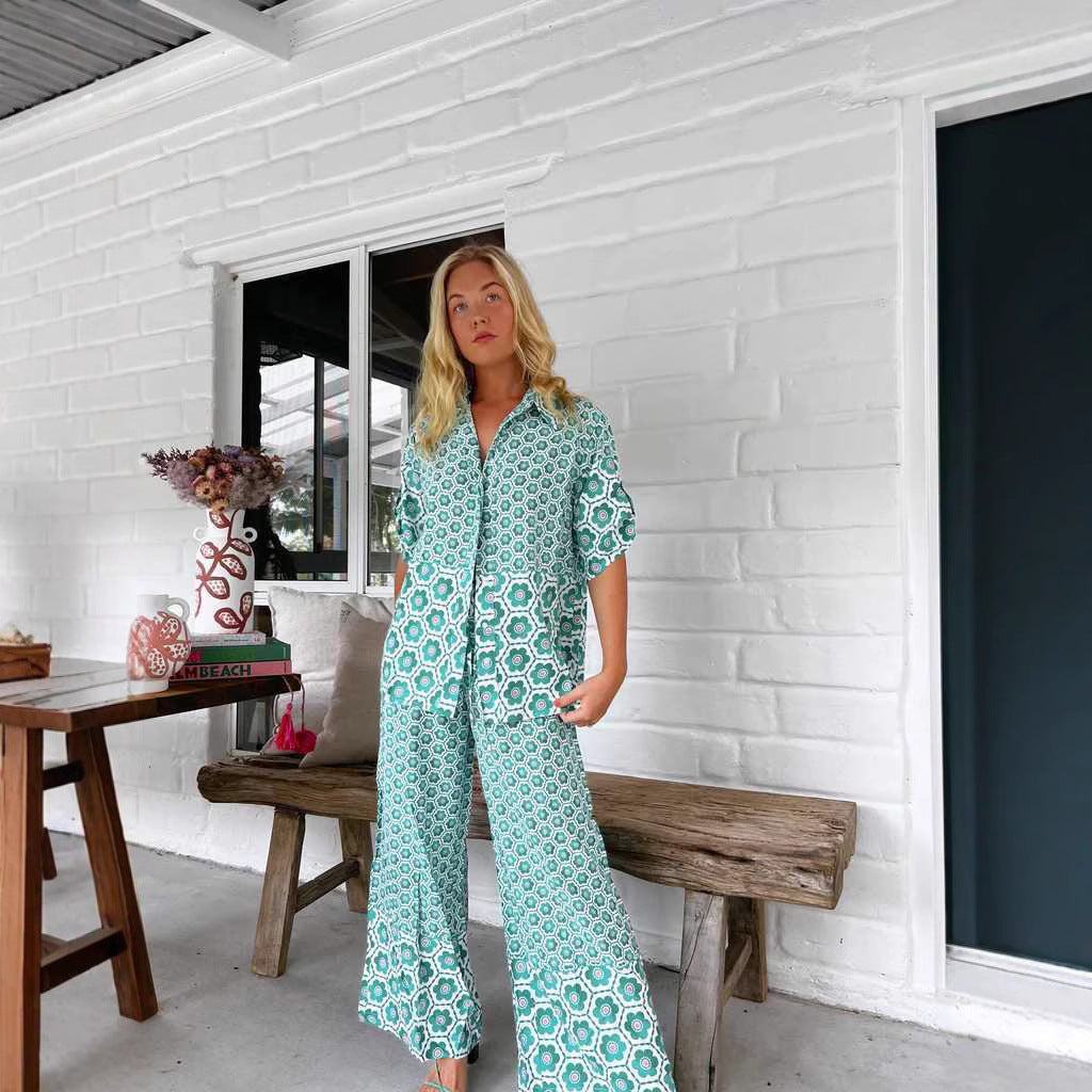 Women’s Shirt and Trousers Set – Cotton Blend – Relaxed Fit – Geometric Print – Short Sleeve