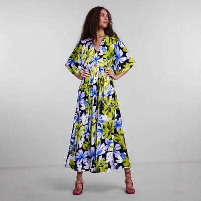 Women’s Midi Dress – High Waist – V-Neck – Short Wide Sleeves – Slit Skirt – Printed