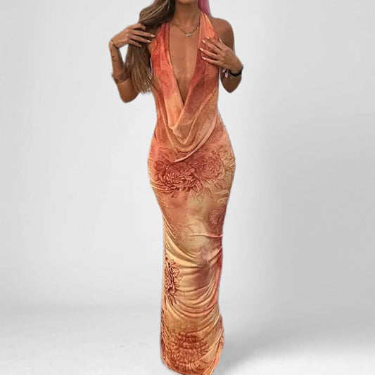Women’s Halter Neck Dress – Satin Look – Slim Fit – Backless – Floral Print – Draped – Ankle Length