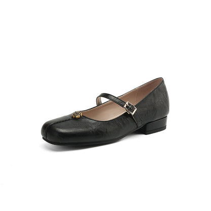 Women’s Flat Shoes – Square Toe – Leather-Look – Buckle Strap – Block Heel Comfortable Fit