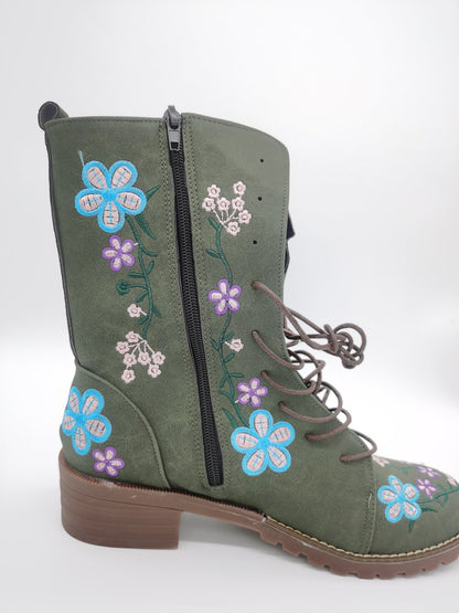 Women’s Mid-Calf Boots – Embroidered Floral – Block Heel – Lace-Up with Side Zip