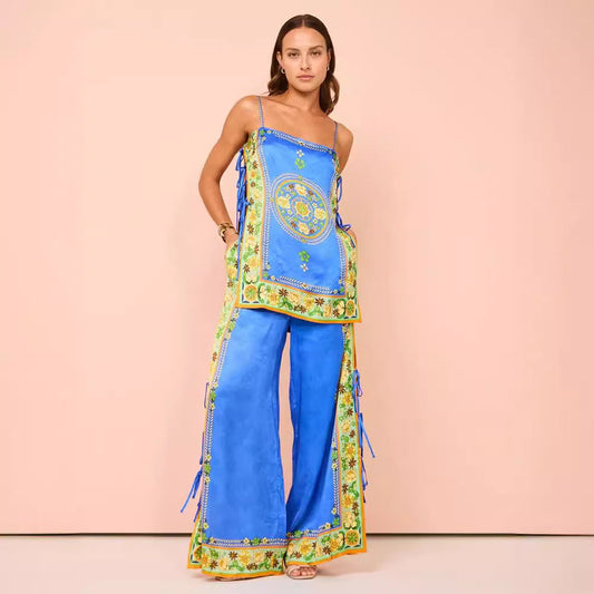 Women’s Camisole and Wide-Leg Pants Set – Satin Style – Relaxed Fit – Ethnic Print