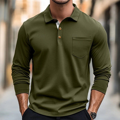Men’s Polo Shirt – Cotton – Slim Fit – Long Sleeve – Chest Pocket – Button Placket
