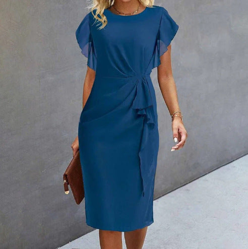 Women’s Midi Dress – Elegant Fit – Draped Waist – Flutter Sleeve Luxury Fabric