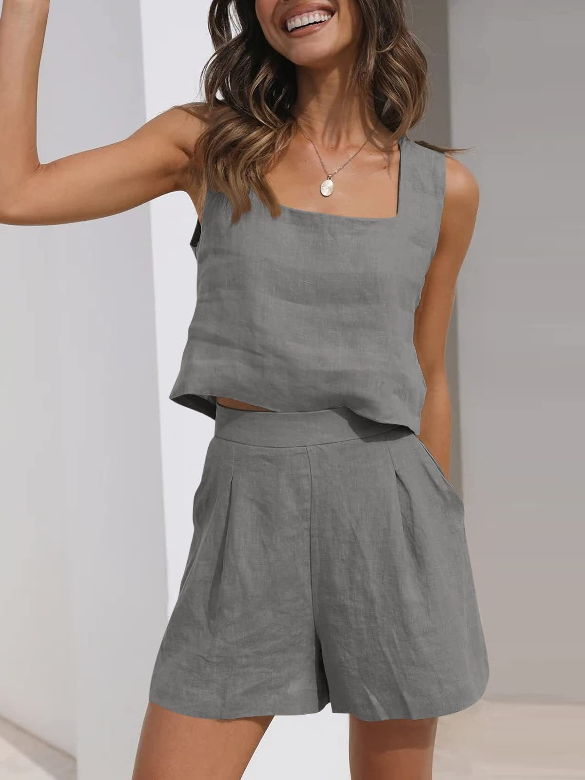 Women’s Two-Piece Set – Linen Blend – Cropped Square Neck Top – Pleated Shorts – Relaxed Fit