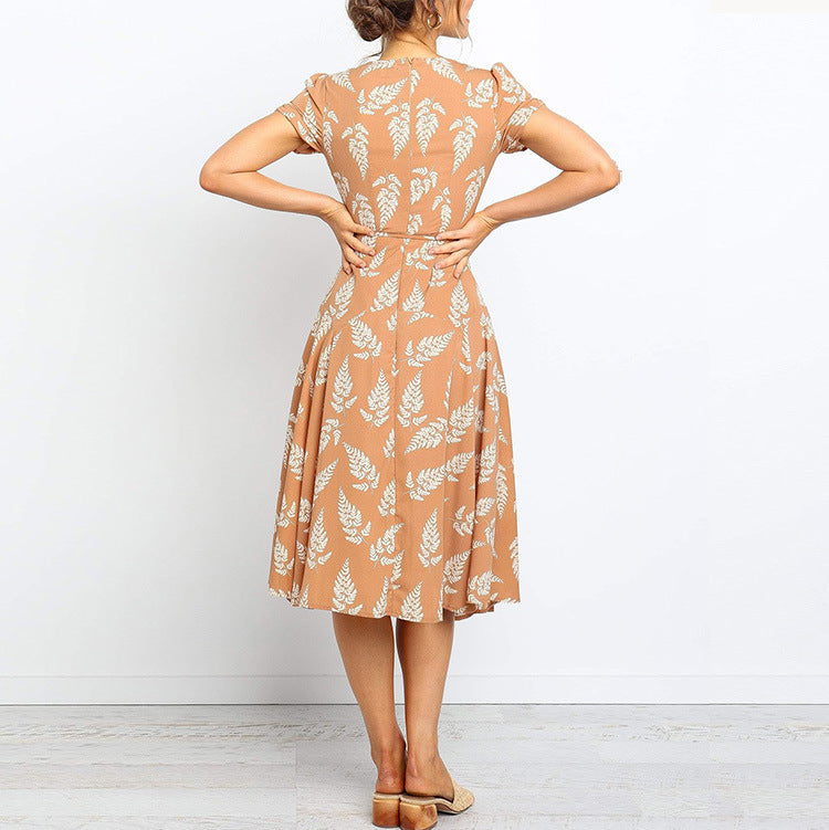 Women’s Midi Dress – Adjustable Fit – V-Neck – Leaf Print – Short Sleeve – Breathable Blend