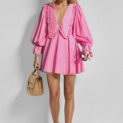 Women’s Mini Dress – Cotton Gingham – V-Neck – Balloon Sleeve – Ruffle Trim – Relaxed Fit