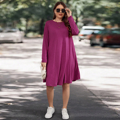 Women’s Long Sleeve Midi Dress – Relaxed Fit – Knit Fabric – Flowy A-Line with Pockets