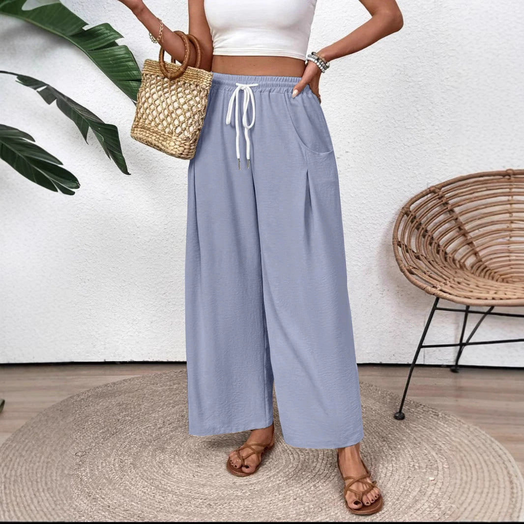 Women’s Wide-Leg Pants – Lightweight Breathable Fabric – Drawstring Waist – Full Length