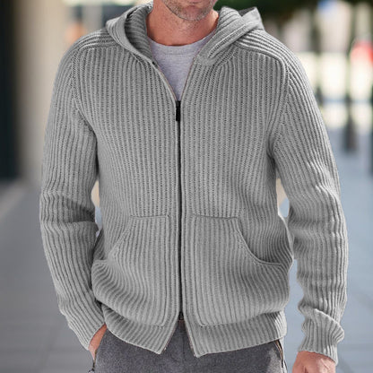 Men’s Hooded Cardigan – Relaxed Fit – Ribbed Knit – Long Sleeve Casual Wear