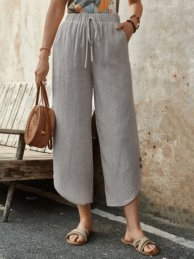 Women’s Cropped Trousers – Cotton Linen Blend – High Waist – Wide Leg – Drawstring Waist