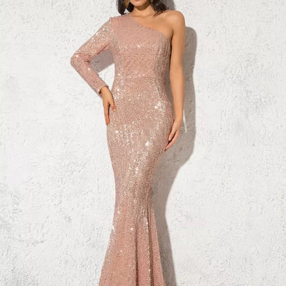 Women’s Evening Gown – One Shoulder – Sequined – Slim Fit – Mermaid Silhouette