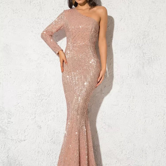 Women’s Evening Gown – One Shoulder – Sequined – Slim Fit – Mermaid Silhouette