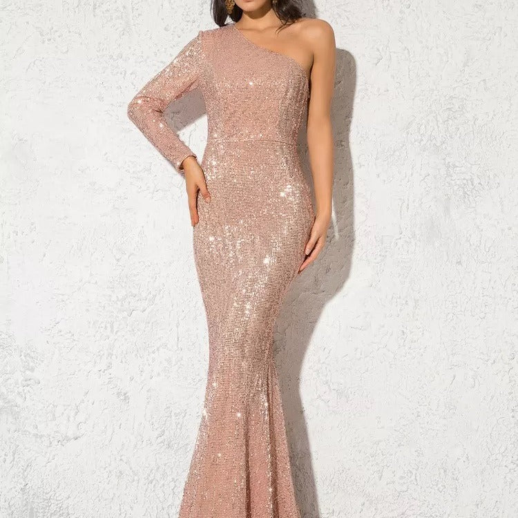 Women’s Evening Gown – One Shoulder – Sequin Embellished – Slim Fit Mermaid Maxi