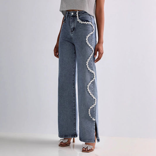 Women’s Straight Leg Jeans – Relaxed Fit – Rhinestone Wavy Side Detail – Full Length