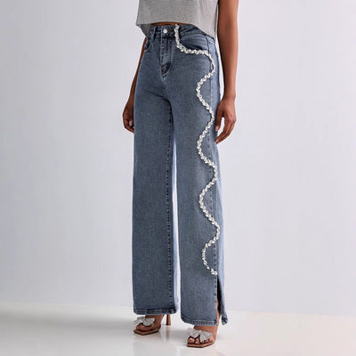 Women’s Straight Leg Jeans – Relaxed Fit – Rhinestone Wavy Side Detail – Full Length