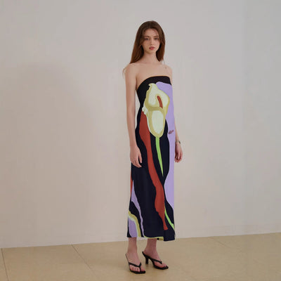 Women’s Strapless Midi Dress – Abstract Print – Lightweight Flowing Fit