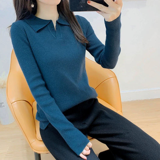 Women’s Knitted Sweater – Slim Fit – Lapel Collar – Ribbed Texture – Long Sleeve