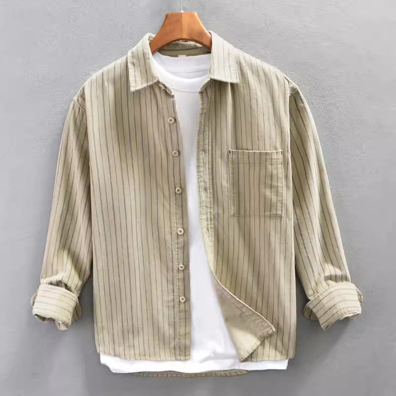 Men’s Long Sleeve Shirt – Relaxed Fit – Vertical Stripes – Lightweight Cotton – Button Down