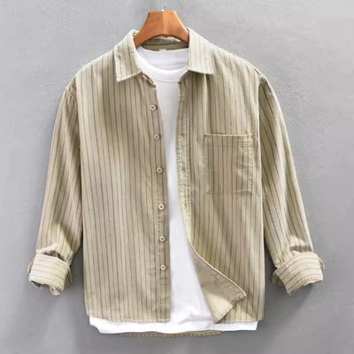 Men’s Long Sleeve Shirt – Relaxed Fit – Vertical Stripes – Lightweight Cotton – Button Down