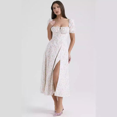Women’s Midi Dress – Lightweight Cotton – A-Line Fit – Puff Sleeve – Square Neck