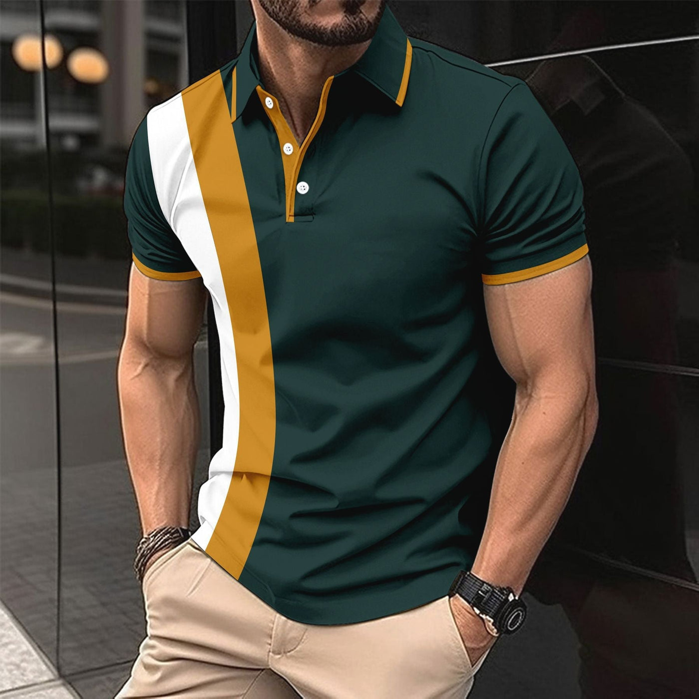 Men’s Polo Shirt – Slim Fit – Cotton Blend – Stripe Front – Short Sleeve Casual