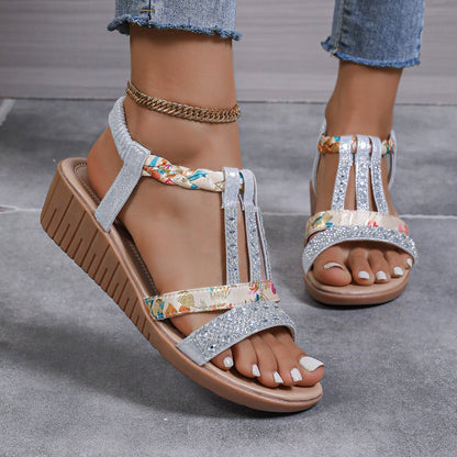 Women’s Wedge Sandals – Medium Heel – Rhinestone T-Strap – Braided Ankle Strap