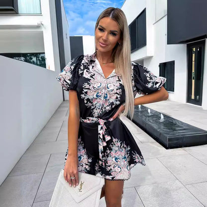 Women’s Two-Piece Set – V-Neck Top & High-Waist Shorts – Printed Belted Relaxed Fit