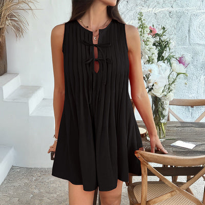 Women’s Sleeveless Dress – A-Line Relaxed Fit – Pleated Front – Tie Neck – Above Knee