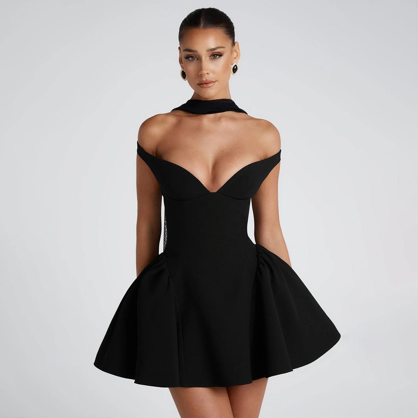 Women’s Cocktail Dress – Satin Mini – Deep V Neck – Off Shoulder – Backless A-Line