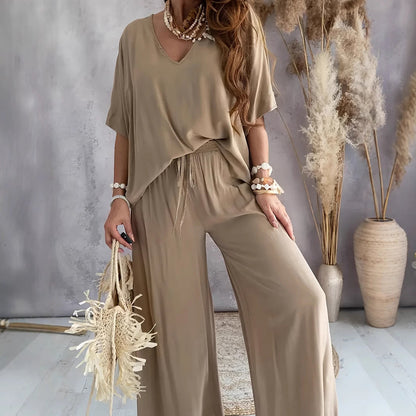 Women’s Lounge Set – Silky Soft – Relaxed Fit – V-Neck Top – Wide-Leg Pants