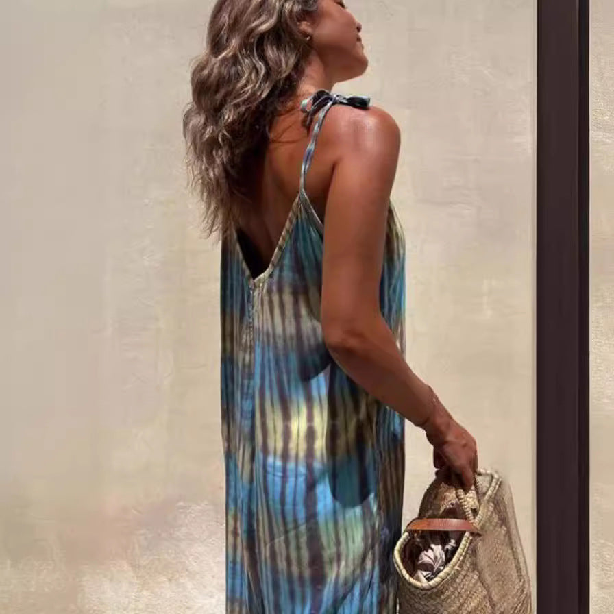 Women’s Jumpsuit – Loose Fit – Adjustable Straps – V-Neck – Tie Waist – Printed Design