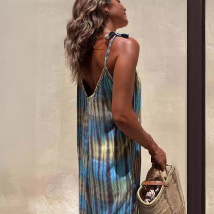 Women’s Jumpsuit – Loose Fit – Adjustable Straps – V-Neck – Tie Waist – Printed Design