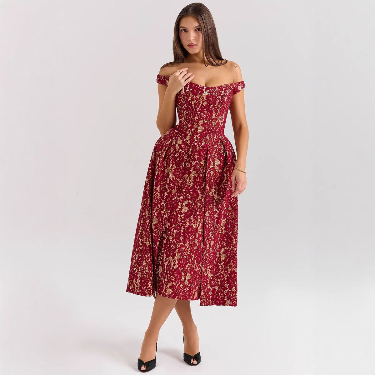 Women’s Off-Shoulder Midi Dress – Lace Overlay – Fitted Waist – Open Back – Floral Detail