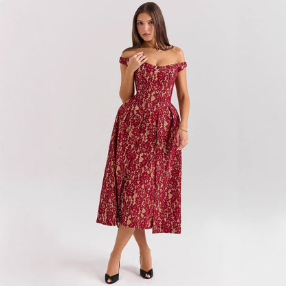 Women’s Off-Shoulder Midi Dress – Lace Overlay – Fitted Waist – Open Back – Floral Detail